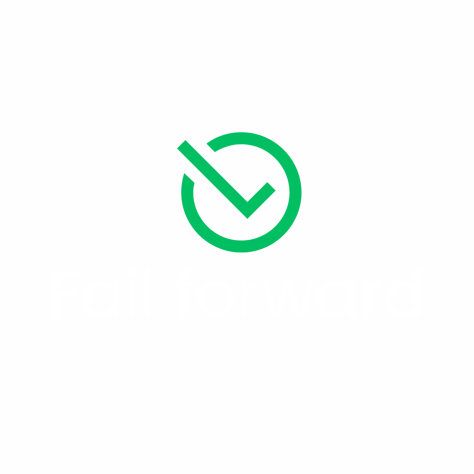 Fail forward logo visual with a reversed checkmark symbolizing growth through failure and authentic learning.